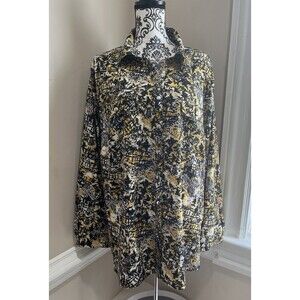 Notations Womens 3X Black Gold White Geometric Print Roll Tab Sleeve Y2K